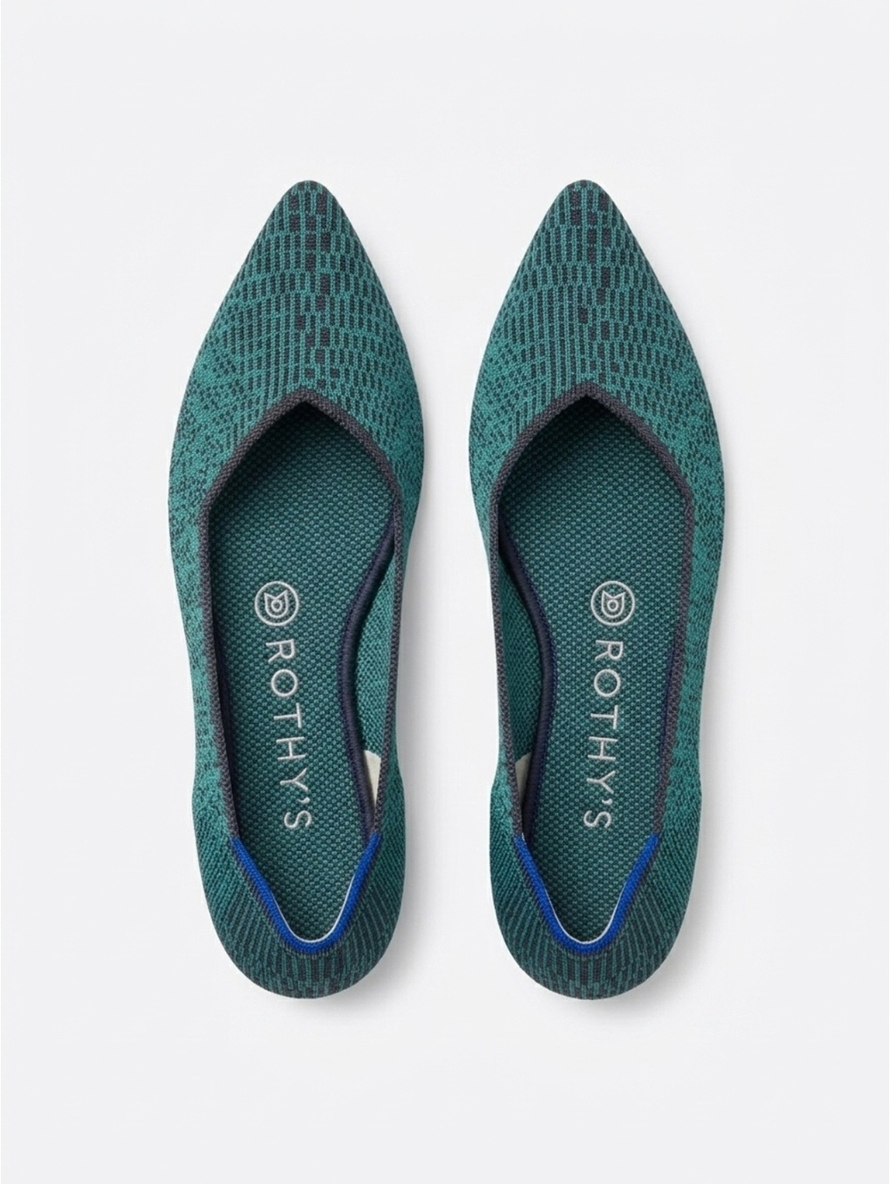 Rothy's Pointed Toe Flats in Teal and Black Knit Size 7